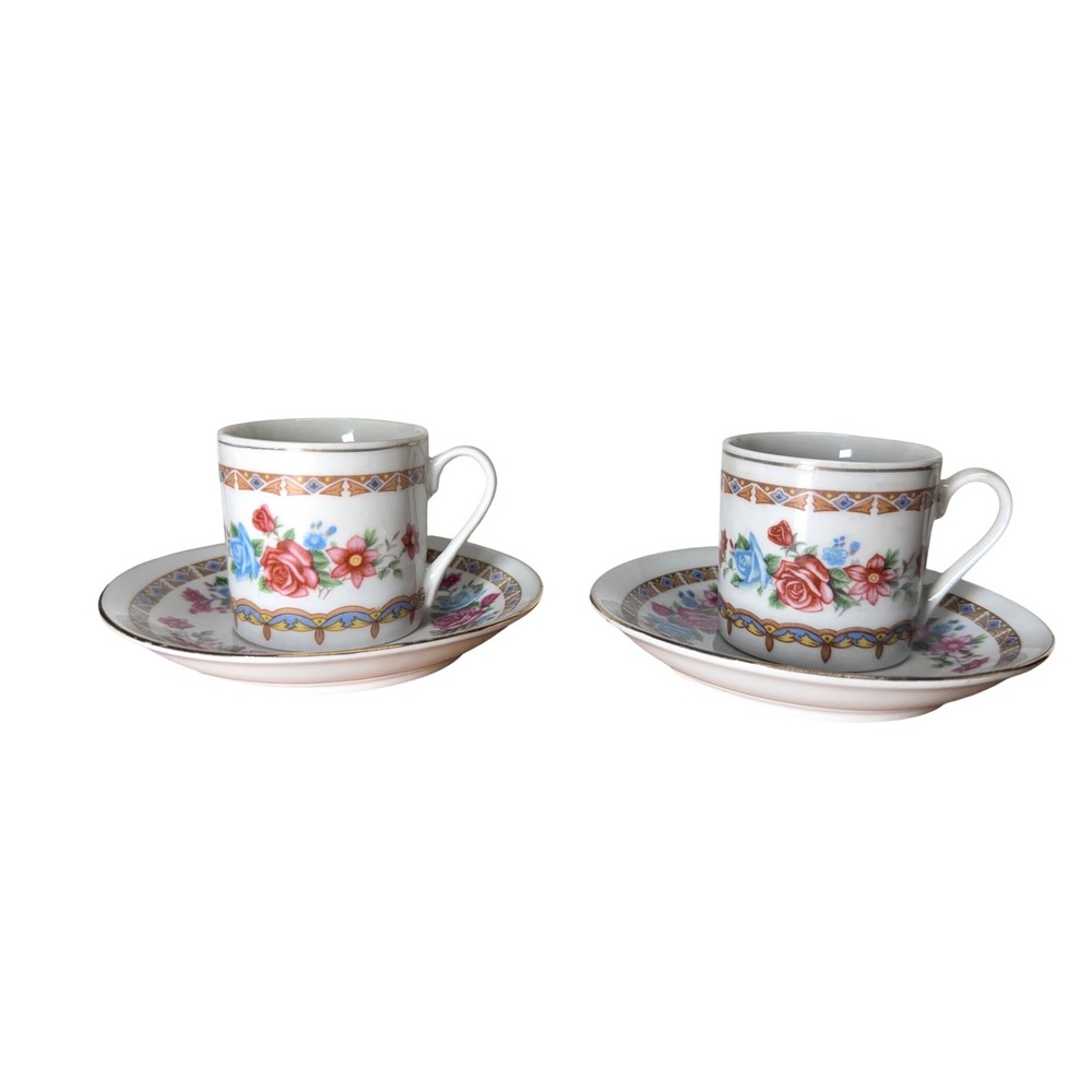 Vintage Chinese Porcelain Espresso Cup and Saucer Set of 2 Floral Demitasse Rose